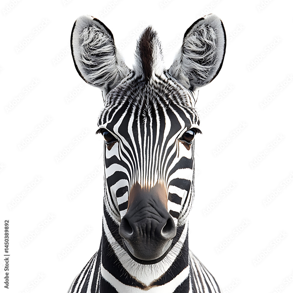 A close-up portrait of a zebra's face highlighting its distinctive black and white stripes pointed ears and gentle expression against a stark white background.