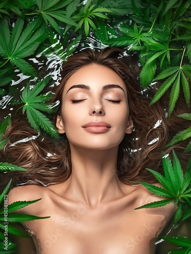 Obraz na płótnie A serene woman lies in water surrounded by vibrant green leaves her eyes closed in tranquil relaxation. w salonie