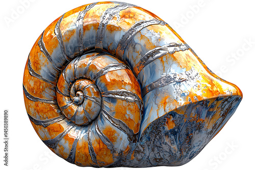 Obraz na płótnie A nautilus shell exhibiting a textured spiraling pattern and featuring contrasting silver and orange colors suggestive of age and unique character. w salonie