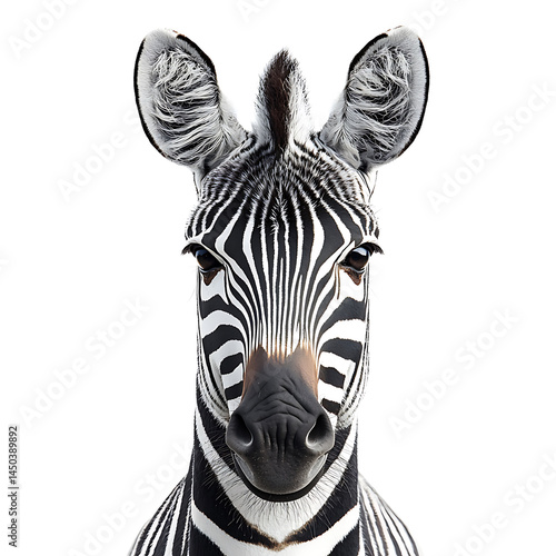 Obraz na płótnie A close-up portrait of a zebra's face highlighting its distinctive black and white stripes pointed ears and gentle expression against a stark white background. w salonie