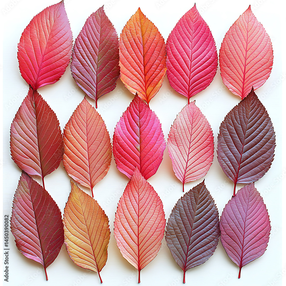 An array of autumn leaves showcasing a gradient of reds pinks oranges and purples arranged neatly on a white background.