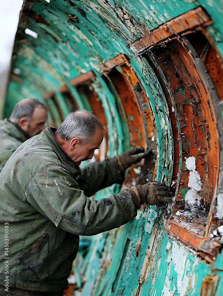 Workers carefully restore a decaying curved metal structure with peeling paint exposing an orange interior likely part of an old vehicle.