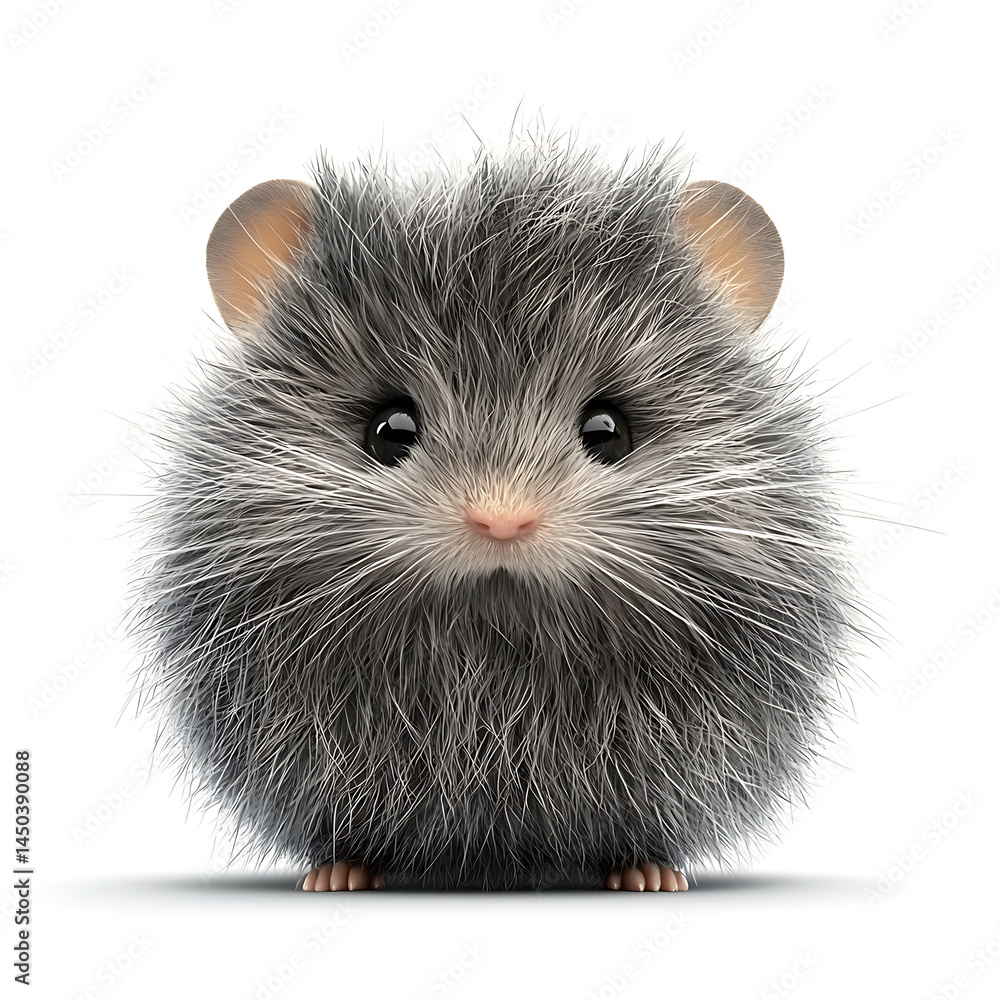 Fluffy round gray creature with big dark eyes and a tiny pink nose isolated against a white background.