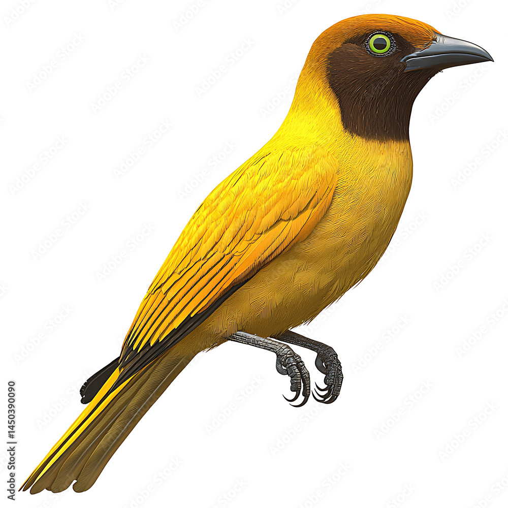 Golden weaver bird with dark facial markings and bright green eyes perched against a plain white background.