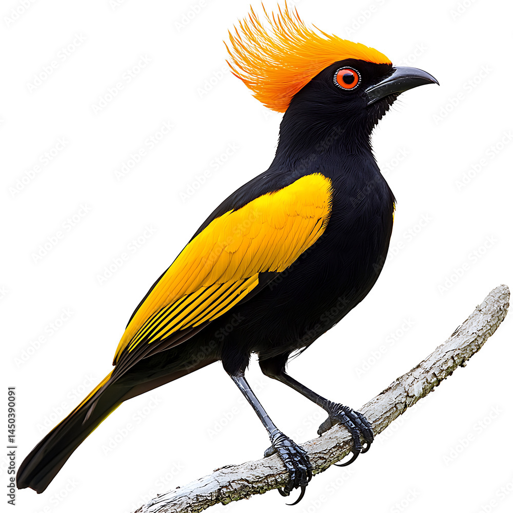 Black bird perched on a branch showcasing vibrant yellow wings and a striking orange crest.