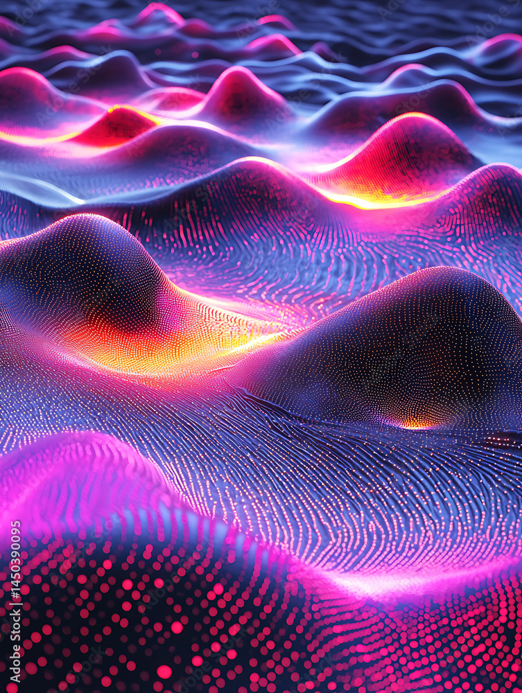 Glowing undulating terrain with a pattern of tiny dots bathed in vibrant purple and orange light.