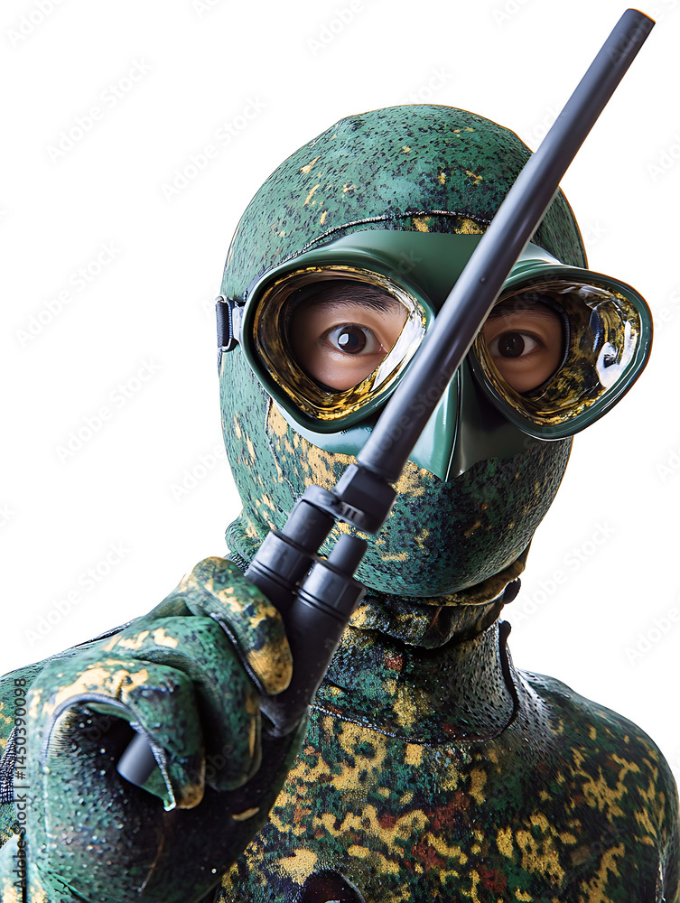 Camouflaged figure wearing goggles and a mask holds a black tube intensely staring against a white background.