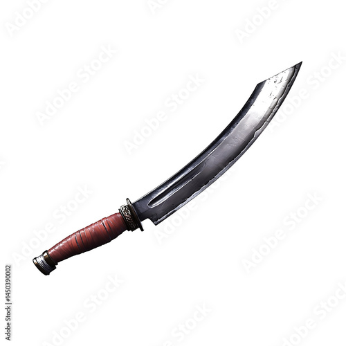 Curved single-edged fighting knife with a reddish-brown handle showing aged metal and a worn combat-ready appearance.