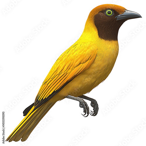 Obraz na płótnie Golden weaver bird with dark facial markings and bright green eyes perched against a plain white background. w salonie