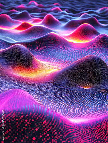 Obraz na płótnie Glowing undulating terrain with a pattern of tiny dots bathed in vibrant purple and orange light. w salonie