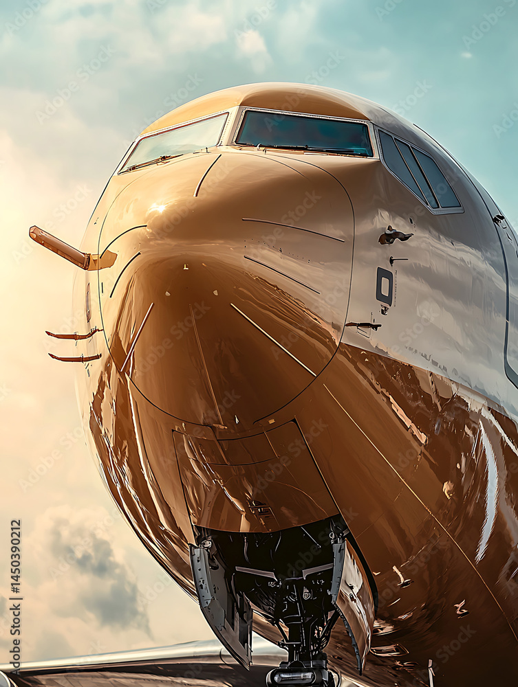 Low-angle close-up of a metallic gold airplane cockpit with landing gear visible set against a bright sky with soft clouds.