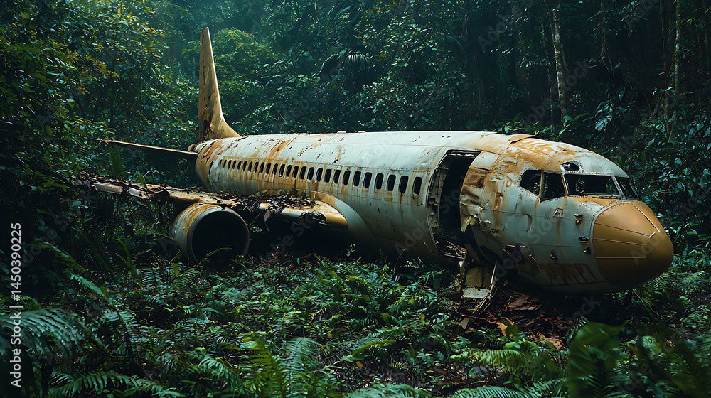 Abandoned airplane weathered and overgrown with vegetation rests in the dense lush jungle a haunting relic.