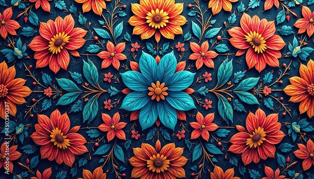 Intricate floral textile design, repeating motif, wallpaper, botanical, fabric Intricate floral textile design, repeating motif, wallpaper, botanical, fabric