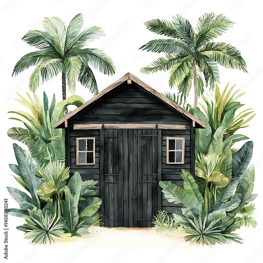 Tropical hideaway: A rustic wooden shack nestled among lush palm trees and vibrant tropical foliage.