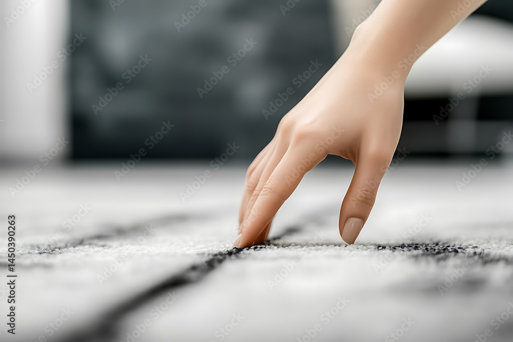 A delicate hand gently touches a soft patterned rug exploring its texture with fingertips in a close-up view.