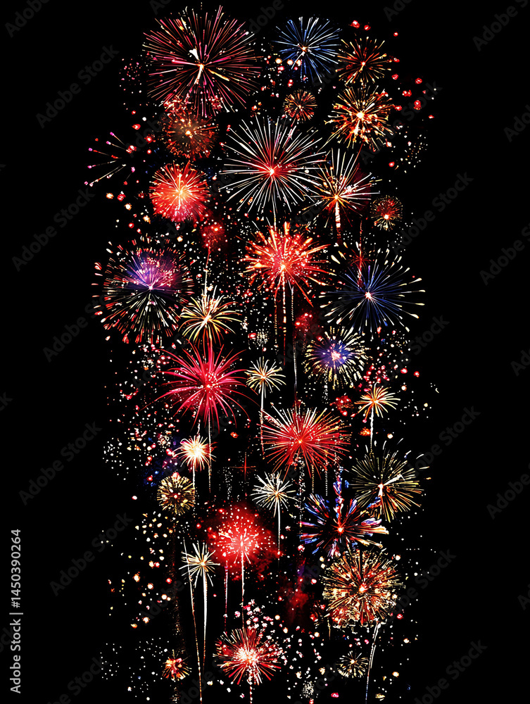 A vibrant collection of colorful fireworks bursts against a stark black night sky illuminating the scene with festive light.