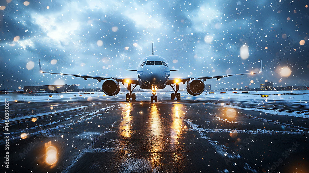 An airplane prepares for takeoff on a wet runway during a heavy snowstorm with blurred lights creating an atmospheric scene.