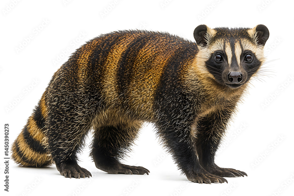 Striped coat and curious gaze of a tanuki-like creature front facing against a clean white backdrop.