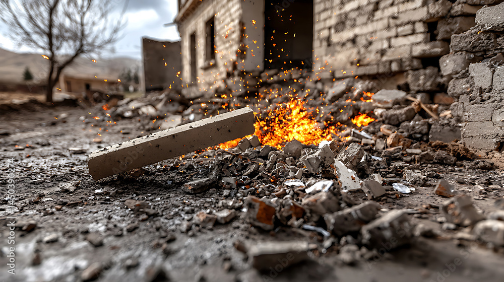 Rubble and debris litter the ground near a damaged building with a fiery glow emanating from within the destruction.