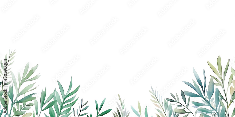 Watercolor illustration featuring an arrangement of gentle leafy green branches along the lower edge of a blank white background.