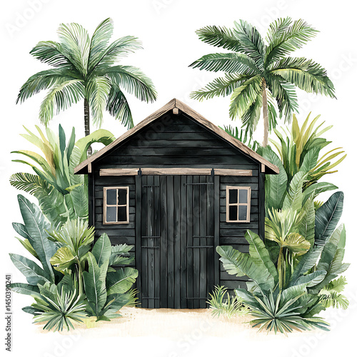 Tropical hideaway: A rustic wooden shack nestled among lush palm trees and vibrant tropical foliage.