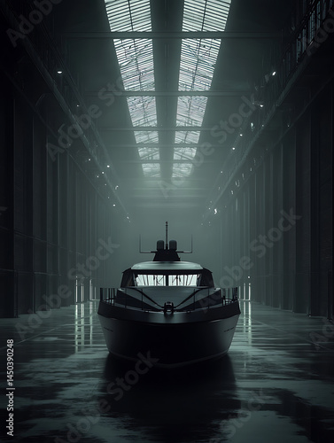 Obraz na płótnie A sleek dark vessel sits in a cavernous hall bathed in the soft reflected light from a grid of overhead windows. w salonie