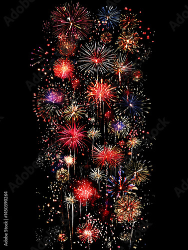 Obraz na płótnie A vibrant collection of colorful fireworks bursts against a stark black night sky illuminating the scene with festive light. w salonie