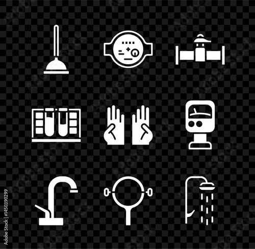 Set Rubber plunger, Water meter, Industry pipe and valve, tap, Filter wrench, Shower, Test tube with water drop and gloves icon. Vector