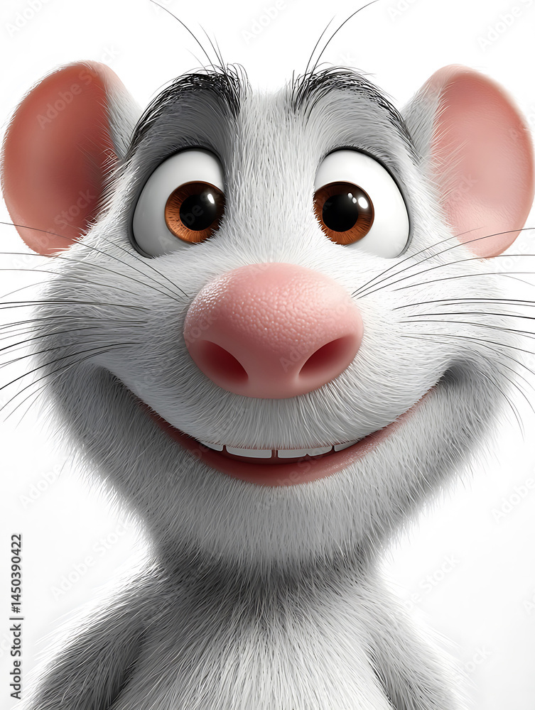 Cartoon mouse headshot: White fur pink nose and ears dark eyes and a gentle smile on a white background.