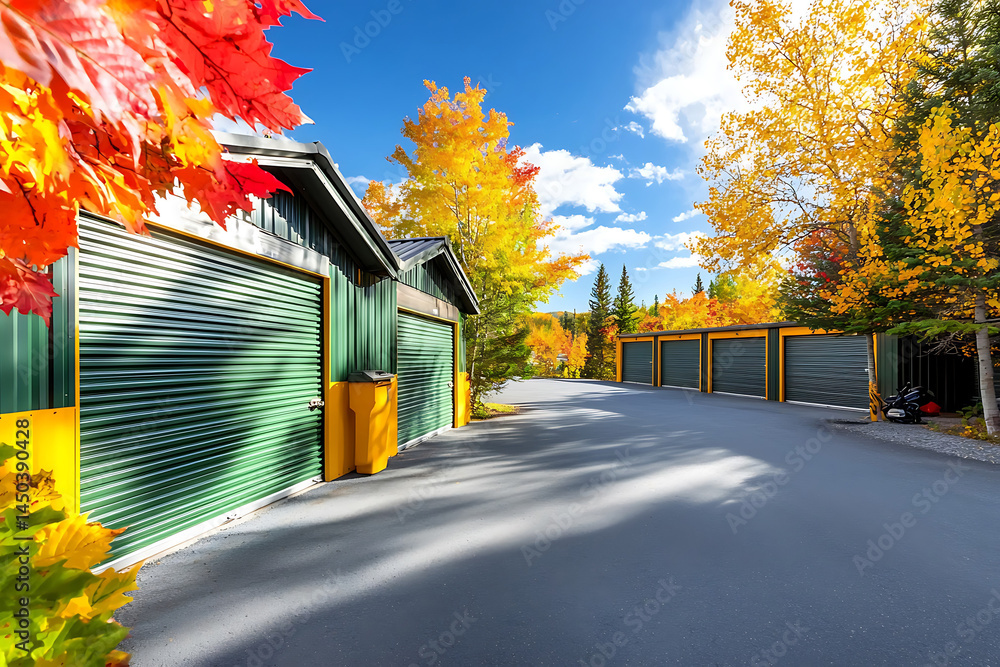 Colorful autumn leaves frame a row of green storage units under a bright partly cloudy sky.
