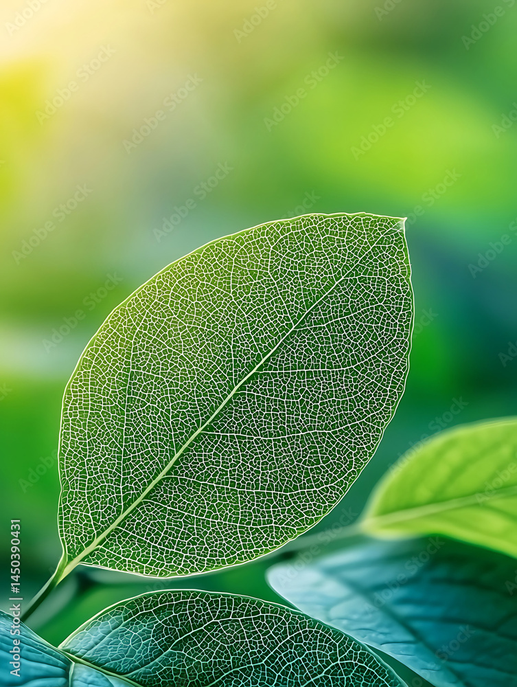 Sunlit leaf veins and vibrant green foliage create a serene close-up botanical scene capturing the beauty of nature's delicate patterns.