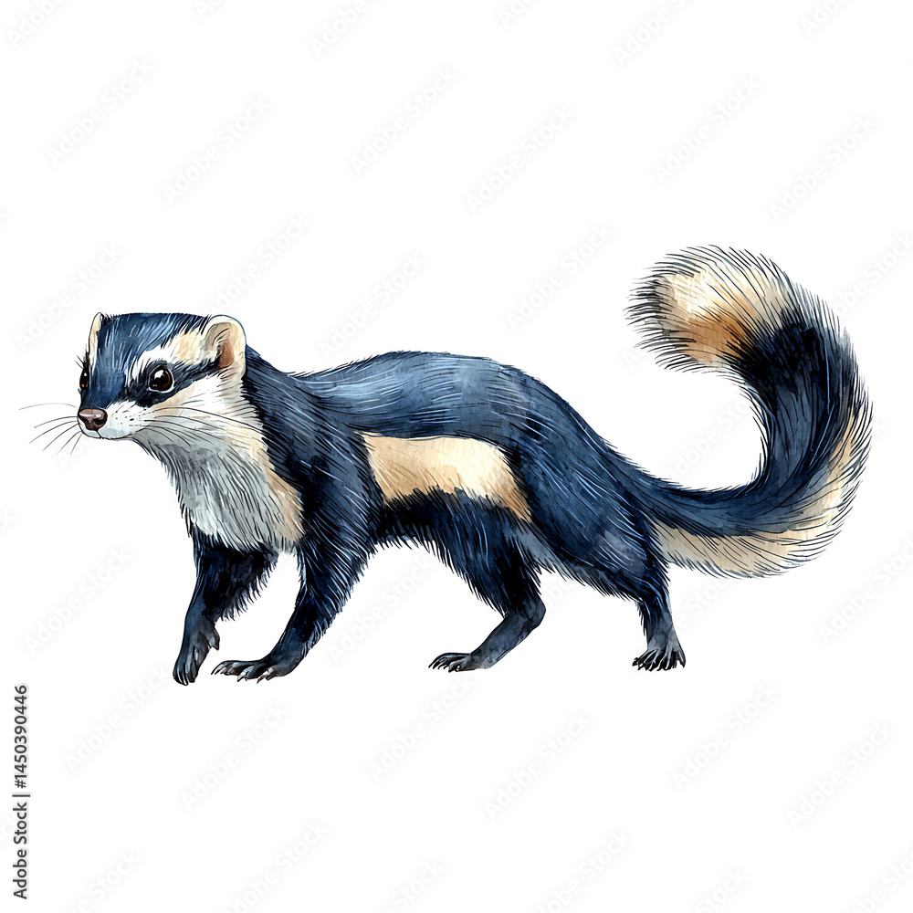 Watercolor illustration of a slender weasel-like animal with black and white fur and a fluffy curled tail walking left.