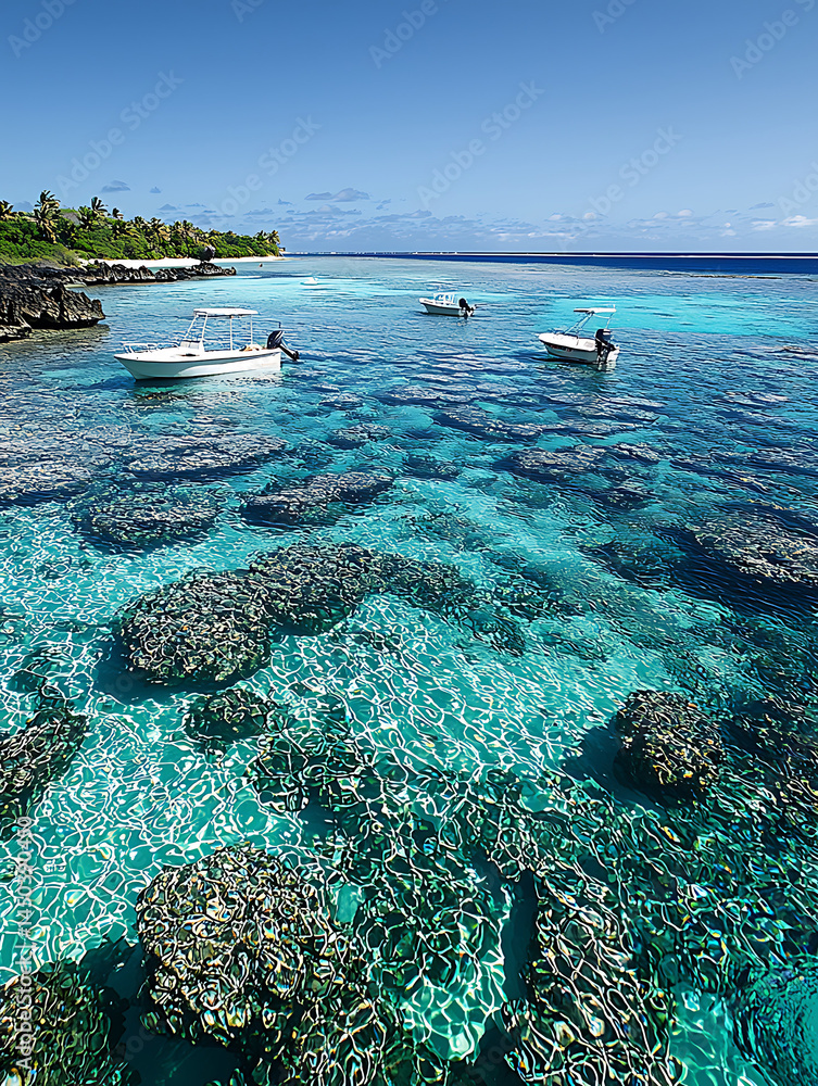 Turquoise water reveals coral reef near the shore with small boats gently floating on the surface under a sunny sky.