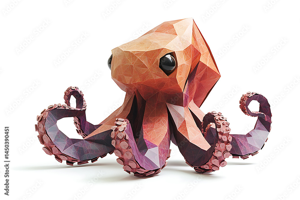 A colorful low-poly octopus figure with big eyes crafted from paper or cardstock resting on a white surface.