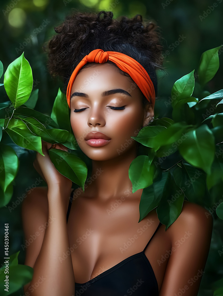 Young woman with orange headband eyes closed surrounded by lush green leaves bathed in soft natural light.