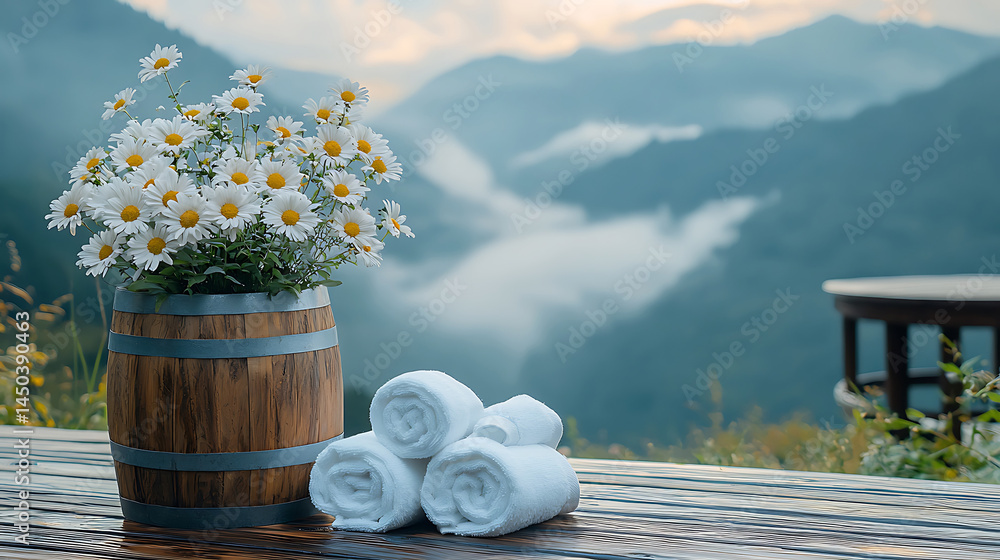 Wooden barrel with daisies rolled towels and serene mountain vista shrouded in morning mist.