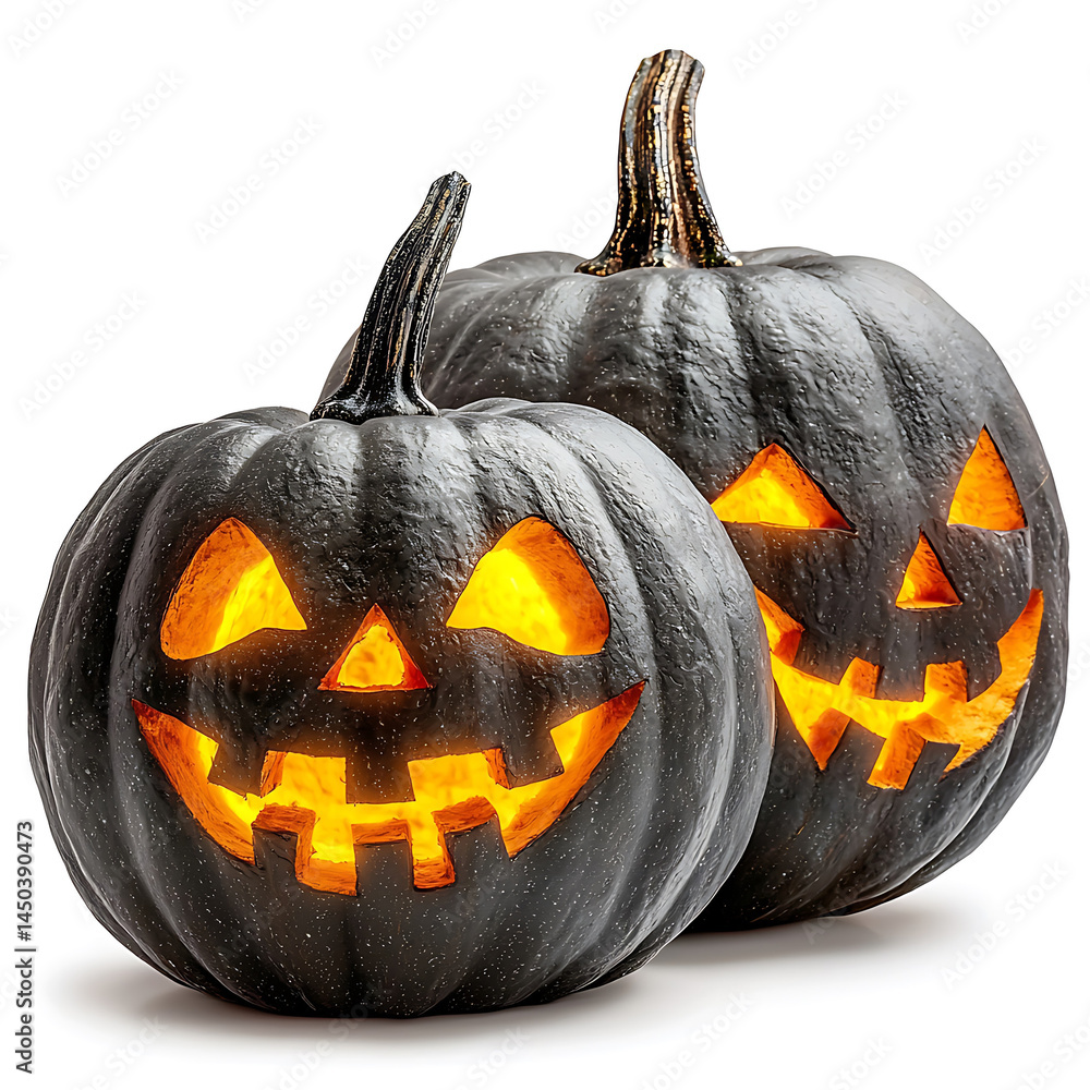 Two carved black pumpkins with glowing faces perfect for Halloween decorations against a white background.