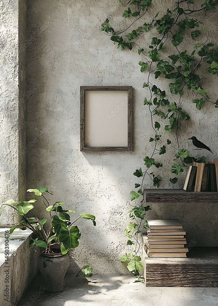Rustic wall with empty frame trailing ivy potted plant old books and a decorative bird.