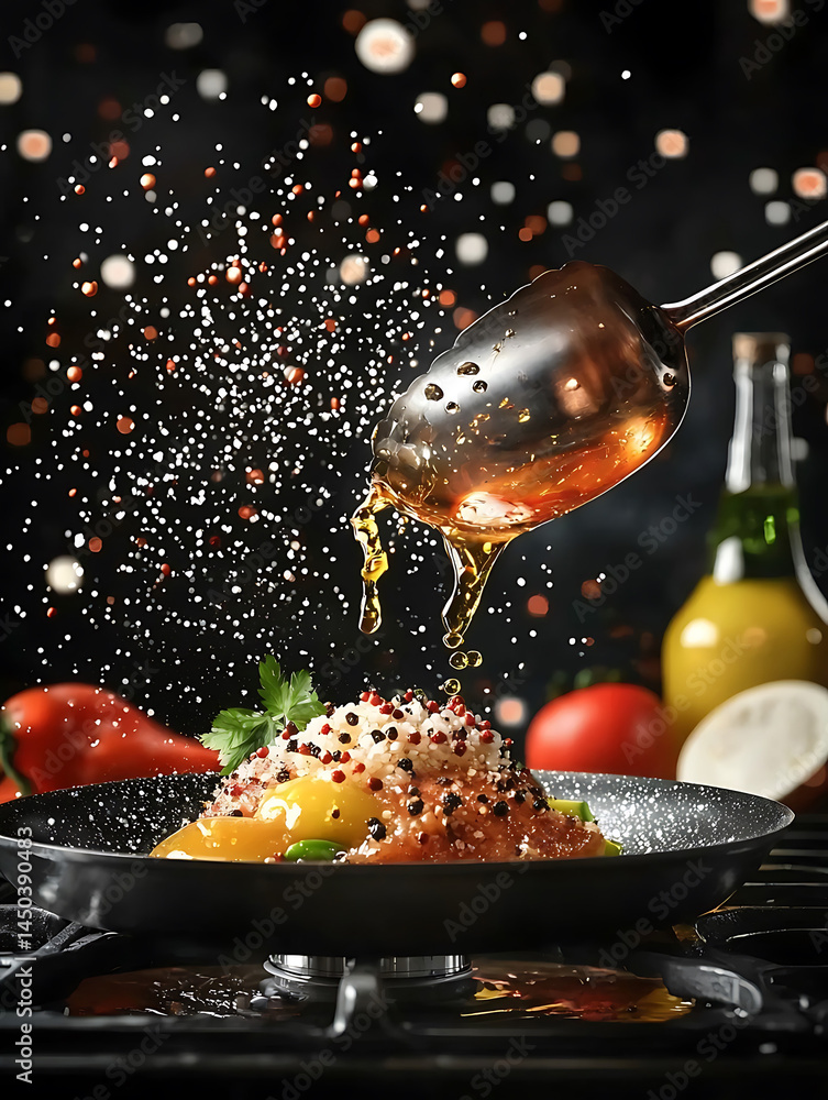 Chef sprinkling seasoning over a dish with oil drizzling from a ladle against a blurred background of lights.
