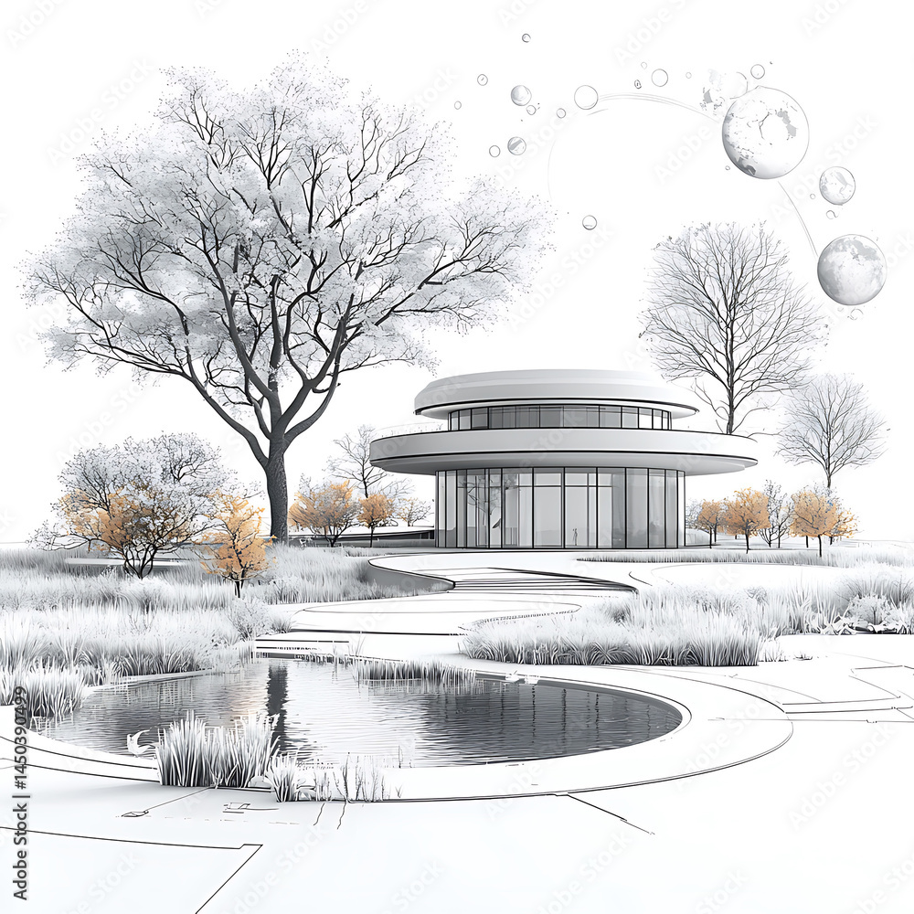 A modern circular building sits beside a pond in a minimalist largely monochrome winter landscape with a few golden trees.