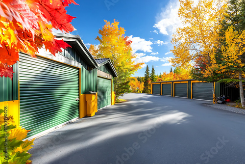 Obraz na płótnie Colorful autumn leaves frame a row of green storage units under a bright partly cloudy sky. w salonie