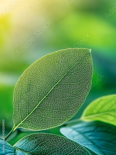 Obraz na płótnie Sunlit leaf veins and vibrant green foliage create a serene close-up botanical scene capturing the beauty of nature's delicate patterns. w salonie