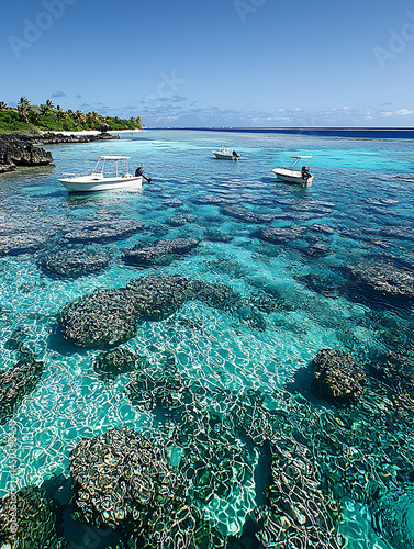 Obraz na płótnie Turquoise water reveals coral reef near the shore with small boats gently floating on the surface under a sunny sky. w salonie