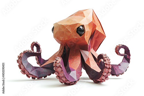 Obraz na płótnie A colorful low-poly octopus figure with big eyes crafted from paper or cardstock resting on a white surface. w salonie