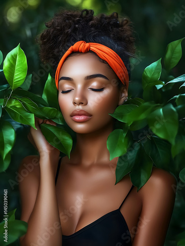 Obraz na płótnie Young woman with orange headband eyes closed surrounded by lush green leaves bathed in soft natural light. w salonie