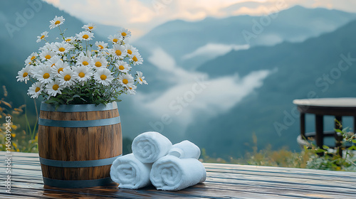 Wooden barrel with daisies rolled towels and serene mountain vista shrouded in morning mist.