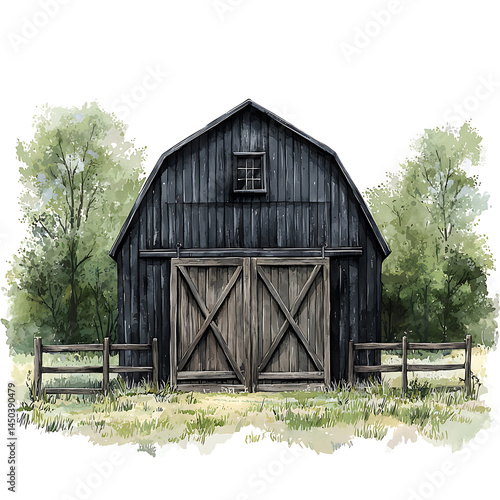 Rustic watercolor barn scene with a tall dark wooden structure double doors and a surrounding natural landscape.