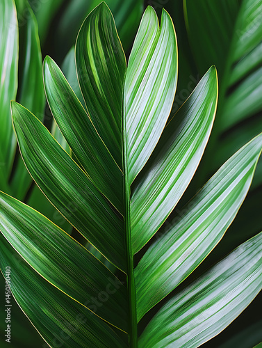 Close-up of a vibrant green tropical leaf revealing intricate stripes and a symmetrical elegant botanical pattern.