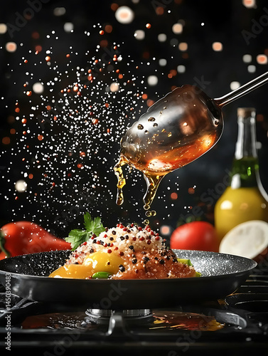 Chef sprinkling seasoning over a dish with oil drizzling from a ladle against a blurred background of lights.