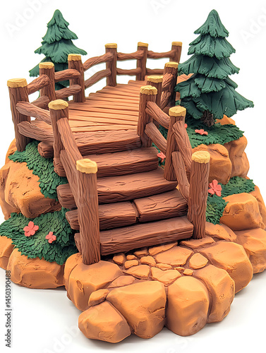 Obraz na płótnie Rustic wooden bridge miniature with faux rocks evergreen trees and tiny red flowers on a bright white background. w salonie